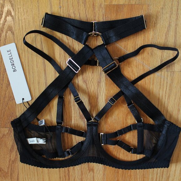 SOLD Bordelle Tomoe Ouvert Wire Bra Black strappy mesh 24k M Medium SIGEXCLB11B - Picture 2 of 9